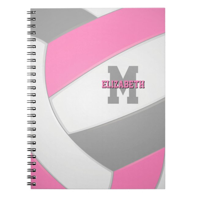 Caderno Espiral cinza rosa branco de vôlei feminina personalizada (Frente)