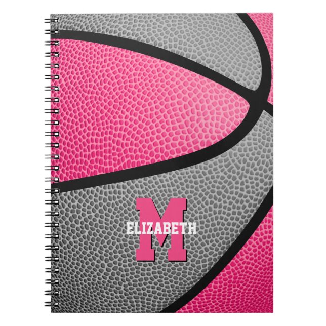 Caderno Espiral cinza rosa, moças de basquete monograma (Frente)