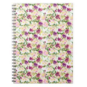 Caderno Espiral Cinza Rosa Pêssego Púrpura Borgona Aquarela Floral