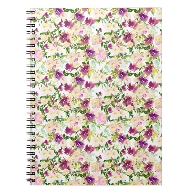 Caderno Espiral Cinza Rosa Pêssego Púrpura Borgona Aquarela Floral (Frente)