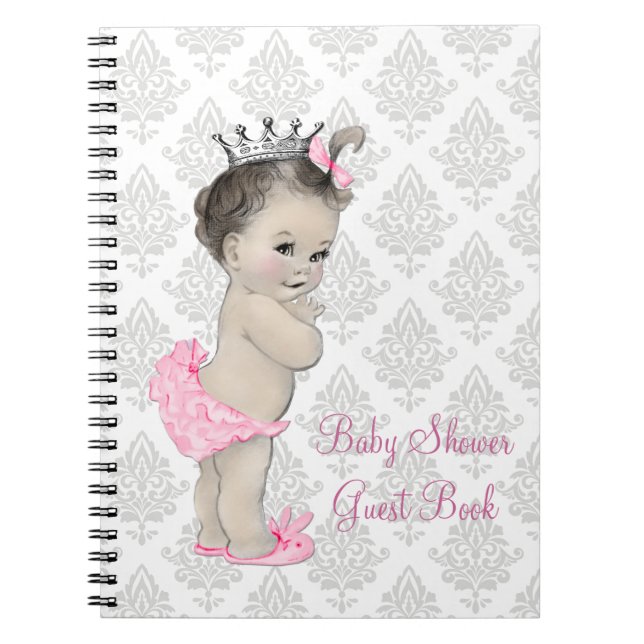 Caderno Espiral Cinza Rosa Princesa Damask Chá de fraldas Guest Bo (Frente)