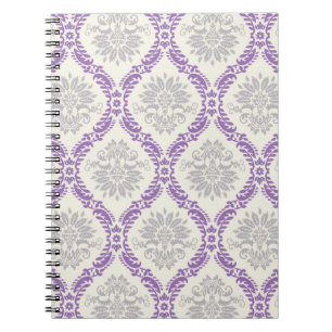 Caderno Espiral cinza roxa e design de damasco