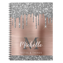 Caderno Espiral Cinza Silver Monograma Glitter Gota Lata-Rosa
