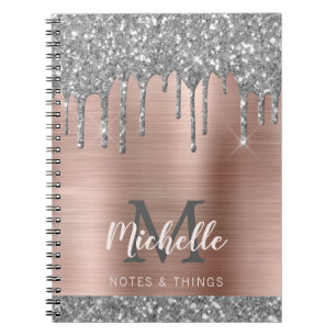 Caderno Espiral Cinza Silver Monograma Glitter Gota Lata-Rosa