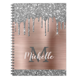 Caderno Espiral Cinza Silver Monograma Glitter Gota Lata-Rosa