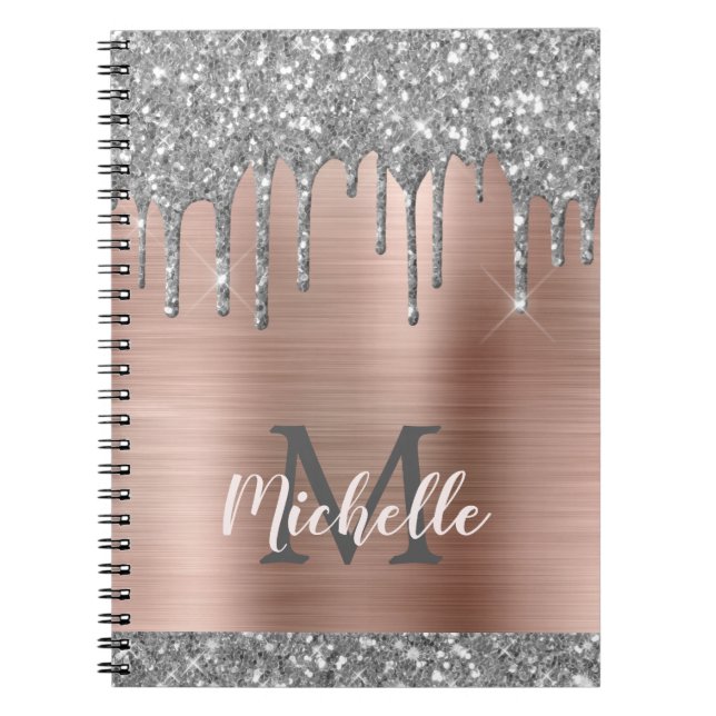 Caderno Espiral Cinza Silver Monograma Glitter Gota Lata-Rosa (Frente)
