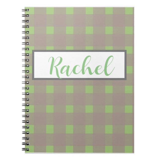 Caderno Espiral Cinza Verde Gingham Personalizado (Frente)