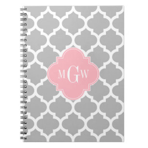 Caderno Espiral Cinza White Marroquino #5 Rosa 3 Monograma Inicial