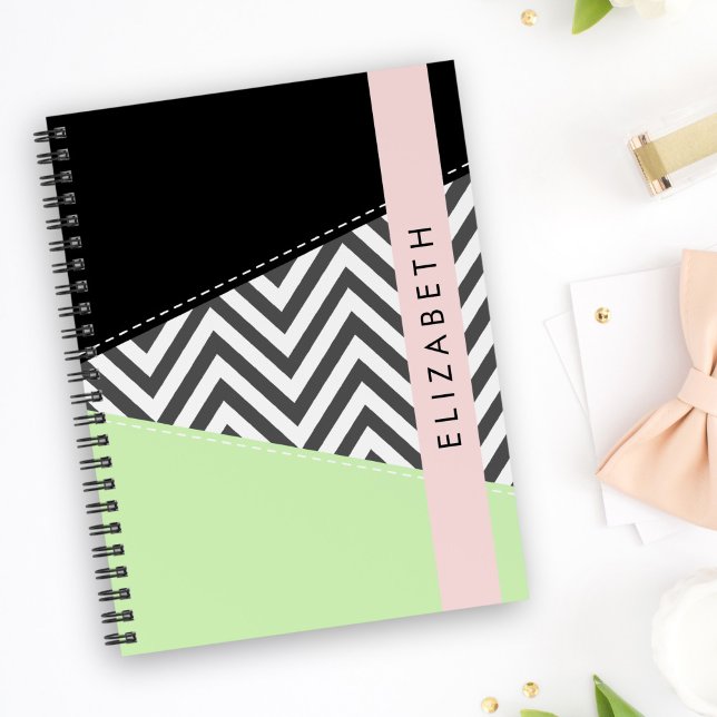 Caderno Espiral Cinza Zigzag, Cinza Chevron, Mint, Seu Nome (Criador carregado)
