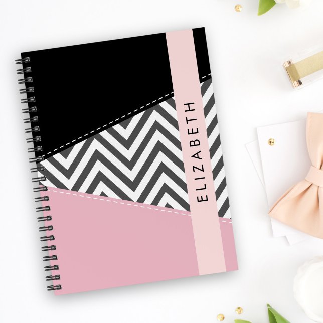 Caderno Espiral Cinza Zigzag, Cinza Chevron, Rosa, Seu Nome (Criador carregado)