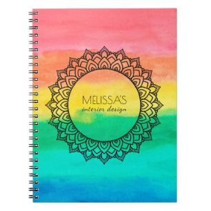 Caderno Espiral Círculo Negro Moderno Mandala Cores d'água Fundo