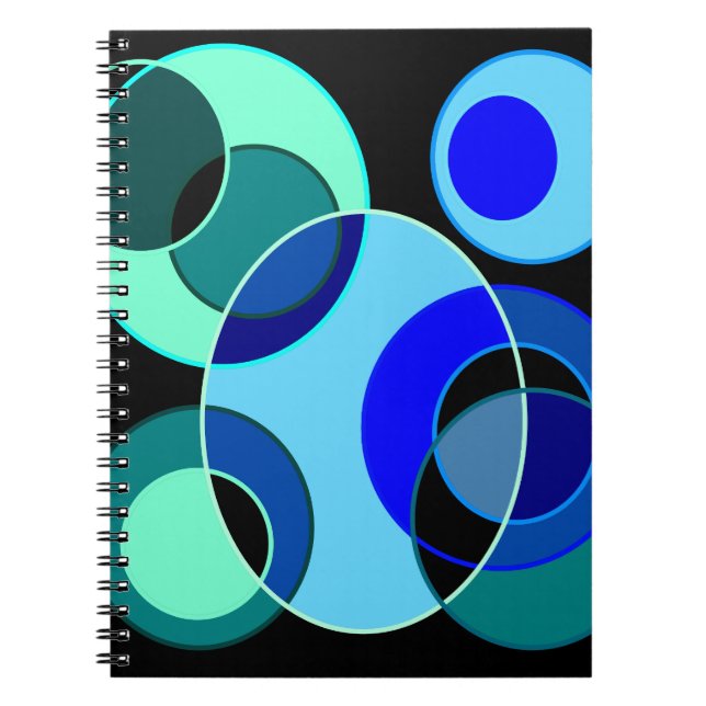 Caderno Espiral Círculos de interseção azuis e verdes design (Frente)
