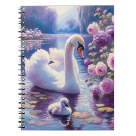 Caderno Espiral Cisne branco e Cygnet com Rosas roxos