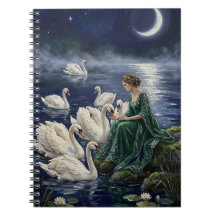 Cisnes Celtas Arte Fantasia Noturna de Lago ao Lua