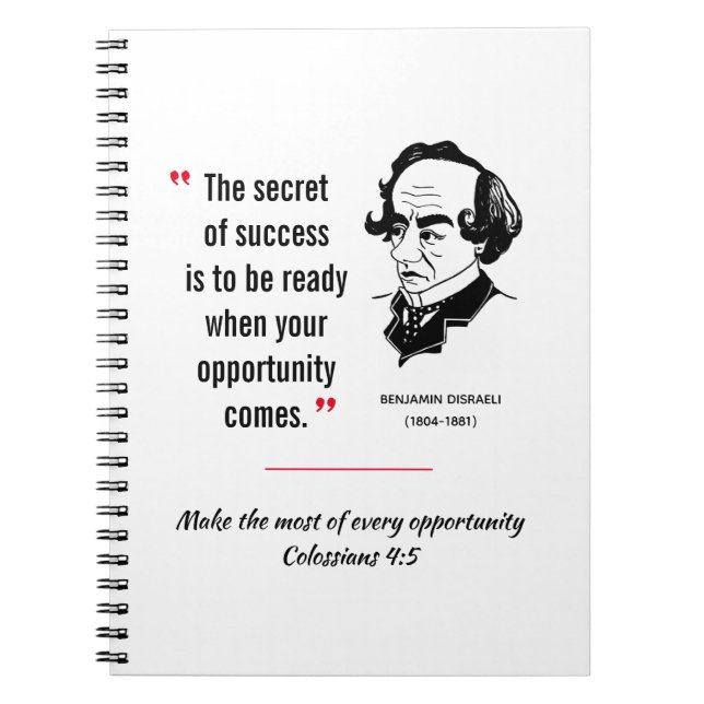 Caderno Espiral Citação de DISRAELI SUCESSO OPORTUNIDADE Inspirado (Frente)