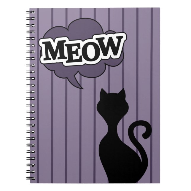 Caderno Espiral Citação de miado roxo de gato preto (Frente)