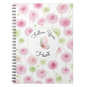Caderno Espiral Citação de Ranunculus Rosa Mint Bonito
