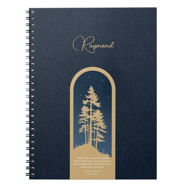 Caderno Espiral Citação de Script Azul Profundo Dourado da Florest (Frente)