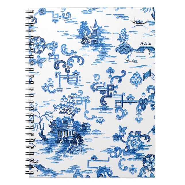 Caderno Espiral Clássico, Azul e Branco, Pagoda Chinoiserie (Frente)