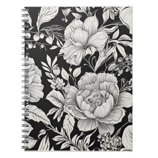 Caderno Espiral Clássico Floral Vintage Preto e Branco