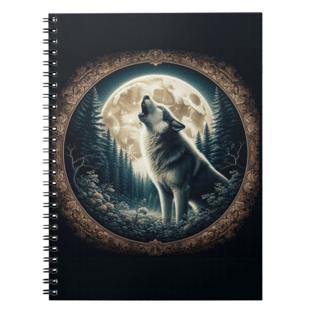 Caderno Espiral Clássico, vintage lobo e lua (Frente)