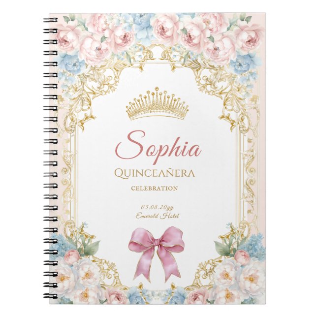 Caderno Espiral Classy Pink Bow Floral Quinceanera (Frente)