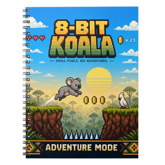 Caderno Espiral Coala, Arte Pixel 8-Bit Retro (Frente)
