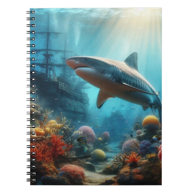 Caderno Espiral Coastal/nautical tiger shark & coral reef (Frente)