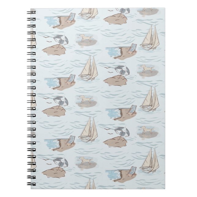 Caderno Espiral Coastal Toile Beach Scene Hand Drawn Seaside  (Frente)