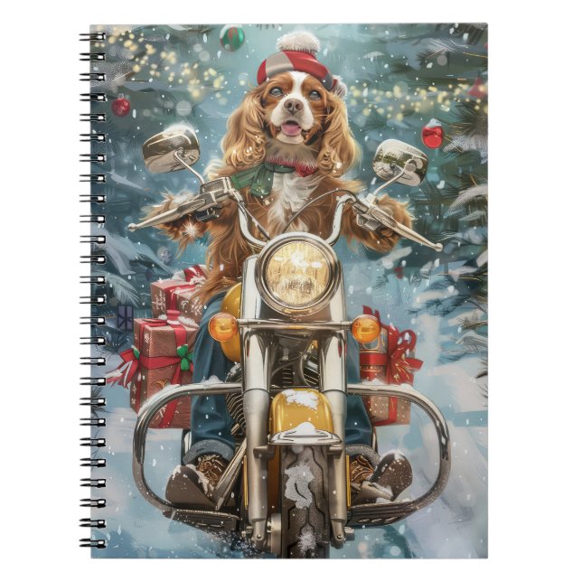 Caderno Espiral Cocker Spaniel Cão Andando de Motocicleta Natal  (Frente)