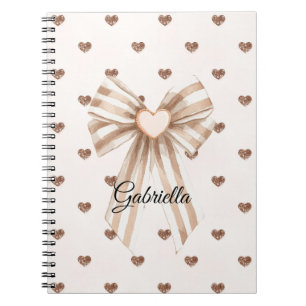 Caderno Espiral Cocoa Creme Laço Bege Rosa Glitter Corações