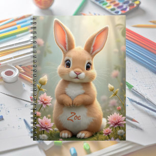 Caderno Espiral Coelhinho bonito cercado por flores, personalizado