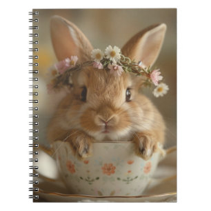Caderno Espiral Coelhinho bonito com coroa floral em um copo