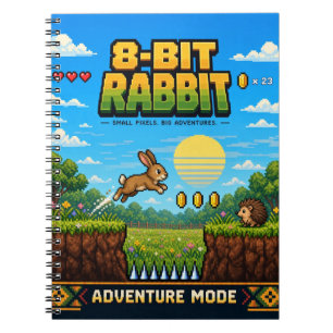 Caderno Espiral Coelho, Arte Pixel 8-Bit Retro