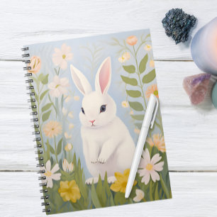 Caderno Espiral Coelho Branco nas Flores da primavera