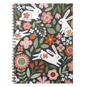 Caderno Espiral Coelhos brancos bonitos, padrão de colheita floral