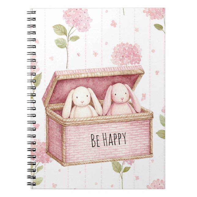 Caderno Espiral Coelhos de Flores Rosa Felizes numa Caixa (Frente)
