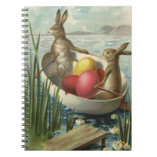 Caderno Espiral Coelhos de Páscoa Vintage em um Barco com Ovos de 