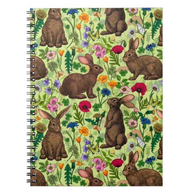 Caderno Espiral Coelhos e flores silvestres em verde de melada (Frente)