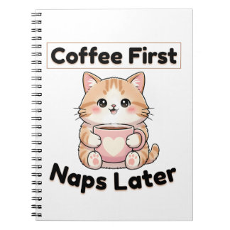 Caderno Espiral Coffee First Naps Later Cute Cat | Kawaii Coffee