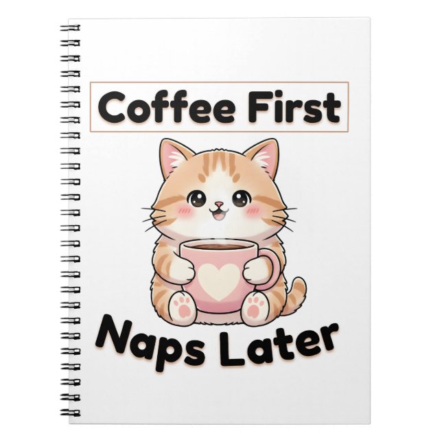 Caderno Espiral Coffee First Naps Later Cute Cat | Kawaii Coffee  (Frente)