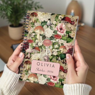 Caderno Espiral Cogumelo Floral de Jardim Bege Fofo