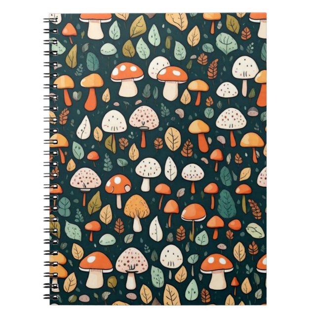 Caderno Espiral Cogumelos brancos folhas design (Frente)