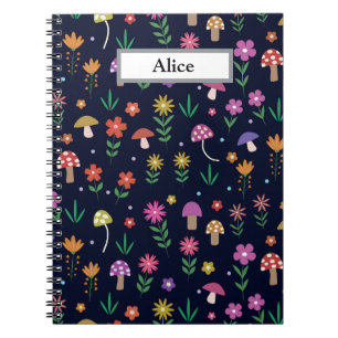 Caderno Espiral Cogumelos com Flores Caprichosas Nome Personalizad
