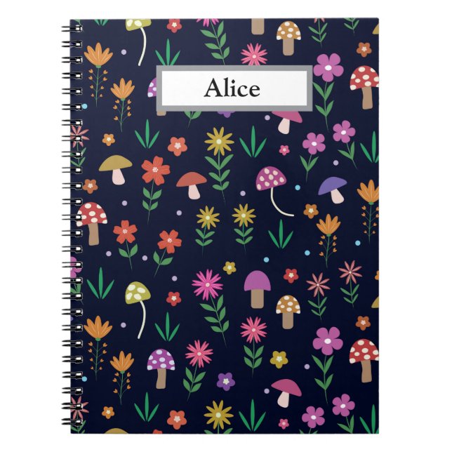 Caderno Espiral Cogumelos com Flores Caprichosas Nome Personalizad (Frente)