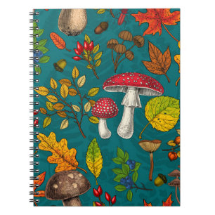 Caderno Espiral Cogumelos, folhas, loucos e bagas de outono, em az