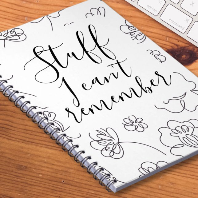 Caderno Espiral Coisas Que Não Consigo Lembrar (Stuff I Cant Remember Notebook by Ricaso. Black and white flower pattern notebook.)