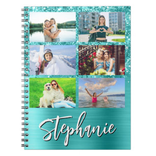 Caderno Espiral Colagem de 6 Fotos Glam Turquesa Azul Brilhante