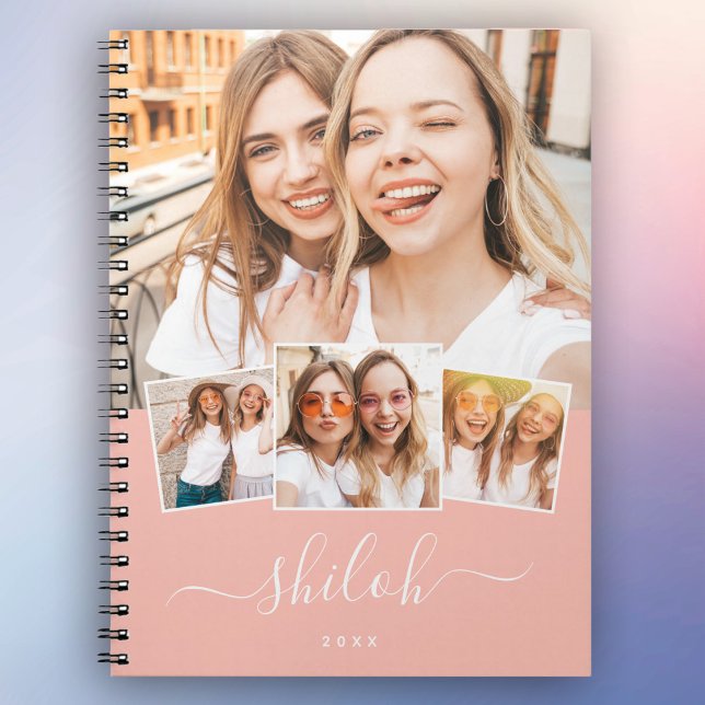 Caderno Espiral Colagem de Fotografias de Tendy Modern Script 4 Pe (Own your style! Personalize your notes with our trendy script name and 4 photos of your besties!)