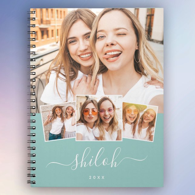 Caderno Espiral Colagem de Fotografias de Tendy Modern Script 4 Pe (Personalized perfection for stylish notes & memories. ✨📓 #CustomDesign #TrendyNotebook)